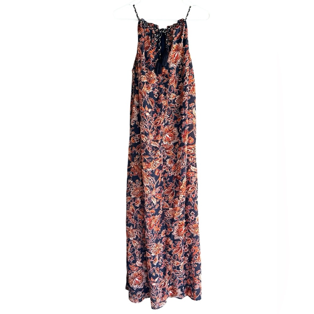 Xhileration Floral Maxi Boho Dress - Navy & Orange Floral. Tassel Ties & Slits - Picture 3 of 11